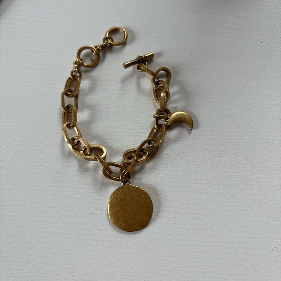 J.Crew Gold Tone Celestial Coin Charm Bracelet Moon Star Toggle Chain - Picture 4 of 5